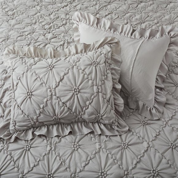 Queen Size Bed Comforter Set Gray Ruffle Grey Shabby Cottage Chic Bedding New - Picture 5 of 7
